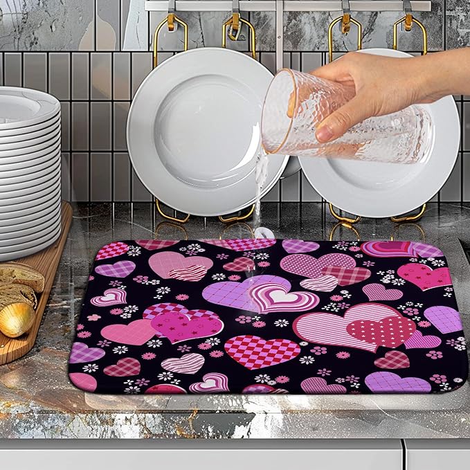Valentine's Day Pink Love Heart Dish Drying Mat - Black Kitchen Microfiber Absorbent Drainer Rack Pad for Counter Decor - 16x18 In