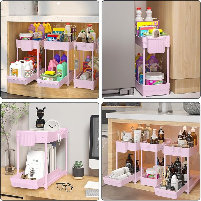 Sevenblue 3 Pack Under Sink Organizers, 2-Tier Multi-Use Kitchen and Bathroom Organizers and Storage with Sliding Drawers, Bathroom Cabinet Organizer (Pink, 14.8 Inch) | Multi-use kitchen & bathroom storage, 14.8 inch pink cabinet organizer, space-savi...