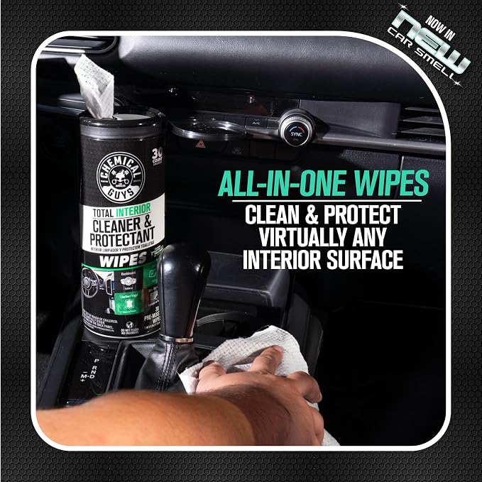 Chemical Guys, Total Interior New Car Smell Cleaner & Protect Wipes, 30 Ct | All-in-one wipes clean dashboards, vinyl, leather, fabric and glass with a new car scent, thirty per pack