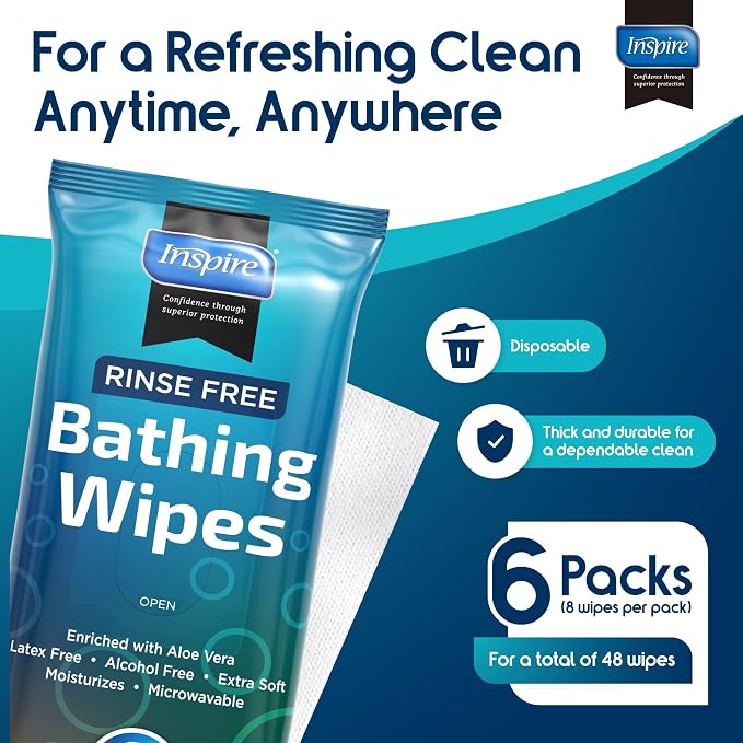 Body Wipes for adults bathing rinse free | Adult Wash Cloths Extra Large, Bathing Wipes for Incontinence, 8"x 8" In (48 count) | By Inspire