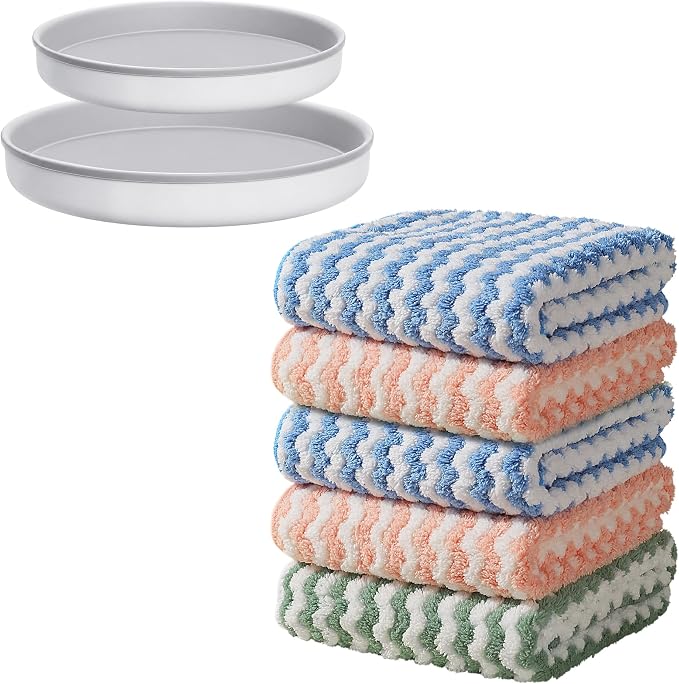 JOYMOOP Microfiber Cleaning Cloth, 5 PCS Kitchen Towels(10" x 10"), Absorbent Streak Free Lint Cleaning Cloths, Reusable and Washable Dish Rags with 12" and 10" Lazy Susan Organizer