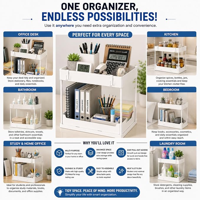 Under Sink Organizer, 2 Tier Pull-Out Storage Organizer with Sliding Drawer & Hooks, Multi-Purpose Cabinet Organizer for Kitchen, Bathroom, Pantry, Laundry Room & Office, White