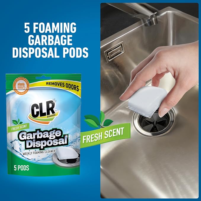CLR Garbage Disposal Cleaner and Deodorizer Pods, 5 Count, Fresh Scent Weekly Foaming Drain Odor Eliminator - 1 Month Supply