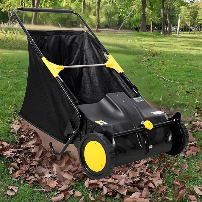 21" Hand-Push Lawn Sweeper | 4 Heavy-Duty Brushes & Wheels, Adjustable Height, 3.5 FT Large Hopper | for Efficient Leaf and Grass Collection in Lawns, Yards, Gardens (Black+21 Ihch)
