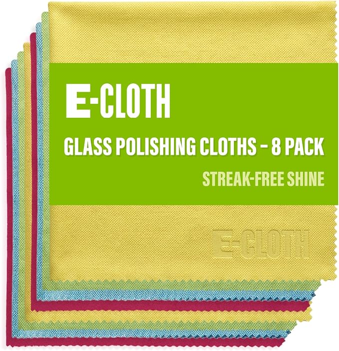 E-Cloth Glass & Polishing Cloths, Premium Microfiber Glass Cleaner, Great for Windows, Glass and Mirrors, Washable and Reusable, 100 Wash Guarantee, Assorted Colors, 8 Pack