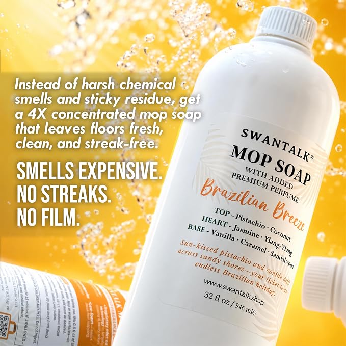 Premium Mop Soap Highly Scented, Odor-Eliminating Floor Cleaner for Mopping Hardwood, Tile, LVP, Laminate, 4X Concentrated Formula, Streak-Free No Residue, Pet Safe, 32oz (Brazilian Breeze)