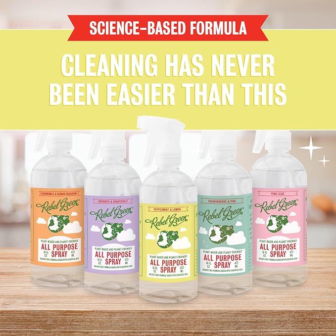 Rebel Green Natural All-Purpose Cleaning Spray - Plant-Derived Multi-Surface Cleaner with Essential Oils for Kitchen, Bath, Countertops and More - Peppermint & Lemon Scent - 16 oz - 1 Pack