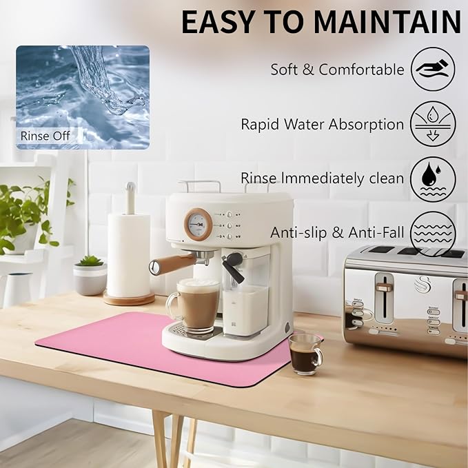 2PCS 12" x 19" Dish Drying Mat & 24" x 5.5" Faucet Mat for Kitchen Sink, Super Absorbent Kitchen Counter Mats & Sink Splash Guard, Easy to Clean Dish Rack Pad for Dishes Countertop, Pink