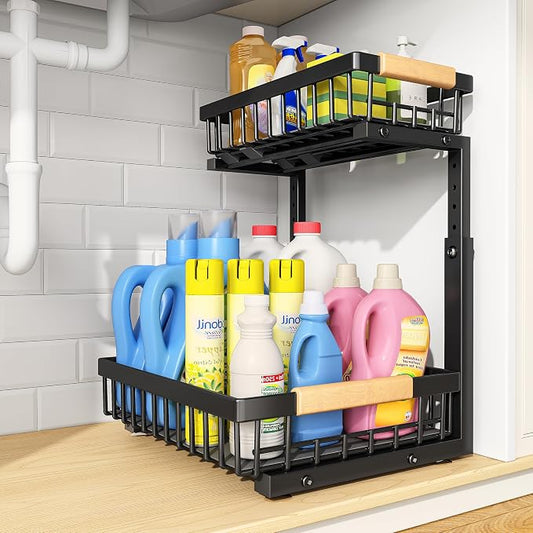 PXRACK Under Sink Organizer, Adjustable Height, 2 Tier Pull Out Under Cabinet Organizer, Slide Out Thickened Metal Under Sink Storage for Kitchen Bathroom Laundry Pantry Cabinet, Black, Small-1-Pack