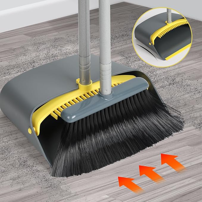 Long Handled Dustpan and Brush, Broom and Dustpan Set, Household Dust pan Combo with 54 Inch Handle for Indoor Outdoor Household Cleaning and Sweeping (Yellow)