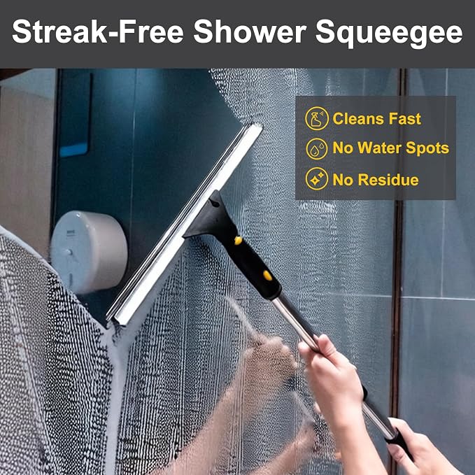 14" Window Cleaning Tool, All-Purpose Extendable Window Squeegee with 2 Blades and Stainless Steel Pole, Shower Squeegee for Glass Doors,Shower Doors, Windows, Bathroom and Car Windshields