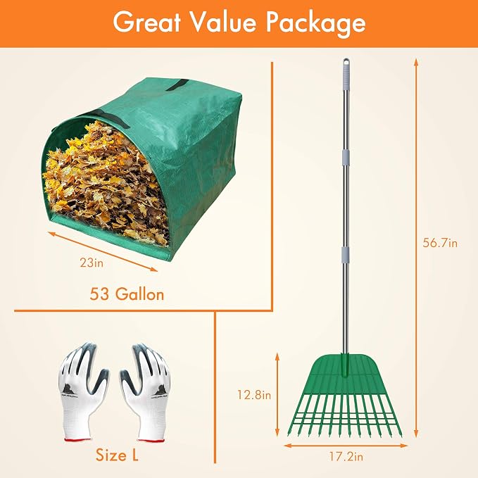 Gardzen 12 Tines Gardening Leaf Rake, Lightweight Steel Handle, Detachable, Ideal Camp Rake, Comes with Dustpan-Type Garden Bag | Lightweight Steel Handle, Detachable, Ideal Camp Rake, Comes with Dustpan-Type Garden Bag