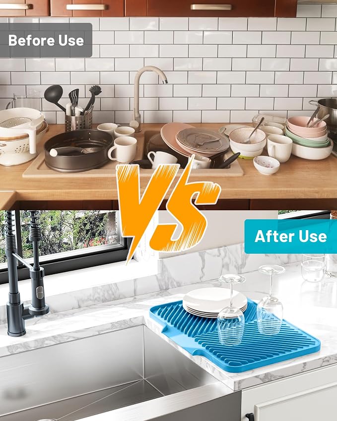 Dish Drying Mat Kitchen Counter - Silicone Dish Drying Pad with Built-in Drain for Sink, Refrigerator and Drawer liner, Easy Clean, Non-Slip, Heat Resistant, 14.8" x 10.7"