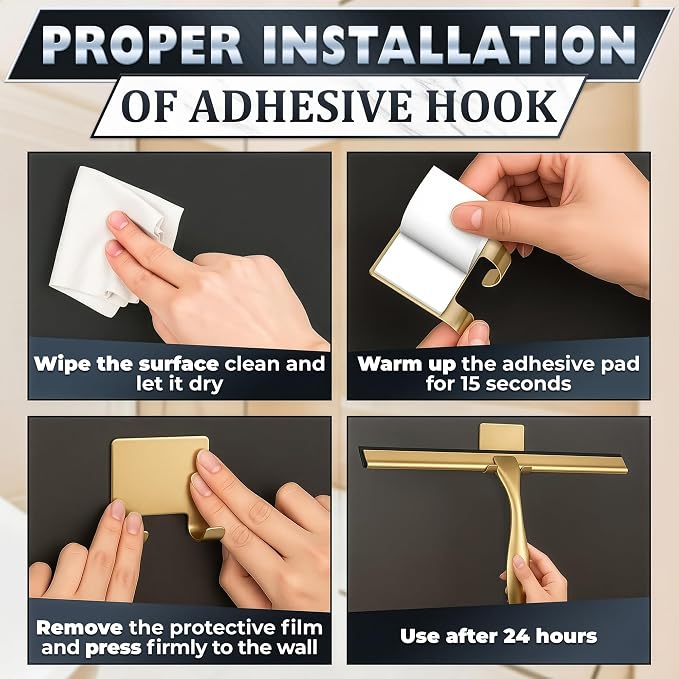 Gold Squeegee for Shower Glass, 12" Silicone Blade, Stainless Steel | Shower Door Squeegee with Hook, Adhesive Mount; All-Purpose Bathroom Tile, Mirror, & Window Wiper for Streak-Free Cleaning