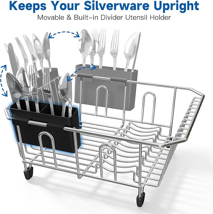 JASIWAY in Sink Dish Drying Rack, Stainless Steel Small Dish Drainer | Perfect Fit 12"x14" Double Bowl Sink, Counter Space Saving for Kitchen, Apartment, Sturdy Dish Dryer with Utensil Holder