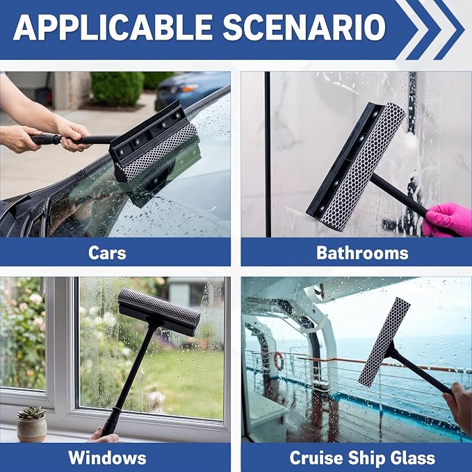 Zhengmy 2 Pcs 15.8" Window Squeegee with Long Handle for Car, 2 in 1 Car Window Cleaning Tool, Sponge Squeegee Windshield for Gas Station, Home, Auto, Glass, Shower, Outdoor High Windows Cleaning