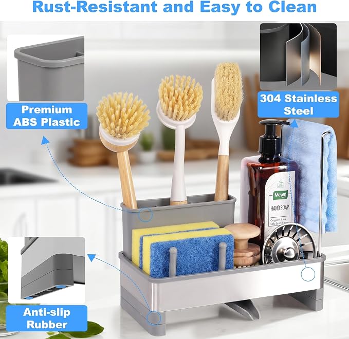 Sponge Holder for Kitchen Sink Caddy Organizer, Dish Brush Holder | Stainless Steel Sponge Caddy for Kitchen Countertop Organizer, Rustproof Dish Soap and Sponge Rack with Dishcloth Drying Rack