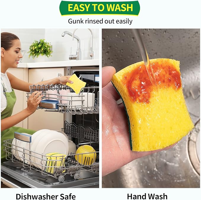 Heavy Duty Sponges, 12 Pack Cellulose Scrub Sponge, Dual-Sided Kitchen Sponge, Multipurpose Sturdy Ergonomic Design for Kitchen Dishwashing, Uncoated Cookware, Sink, and Countertops