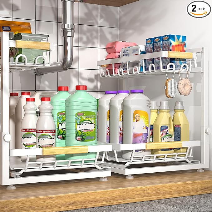 Sevenblue 2-Pack 2-Tier Height Adjustable Under Sink Organizer & Storage | Multi-purpose storage for kitchen & bathroom cabinet. Extra Large white shelf, height adjustable design for space-saving.
