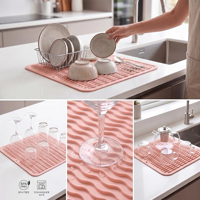 MicoYang Silicone Dish Drying Mat for Multiple Usage,Easy clean,Eco-friendly,Heat-resistant Silicone Mat for Kitchen Counter or Sink,Refrigerator or Drawer liner Pink M 12 inches x 12 inches
