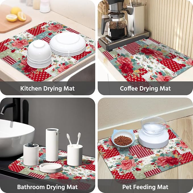 Dish Drying Mat for Kitchen Counter 18x24 Inch, Super Absorbent Dish Drainer Mat, Decorative Microfiber Dishes Drying Pad-Large(Red Flower)