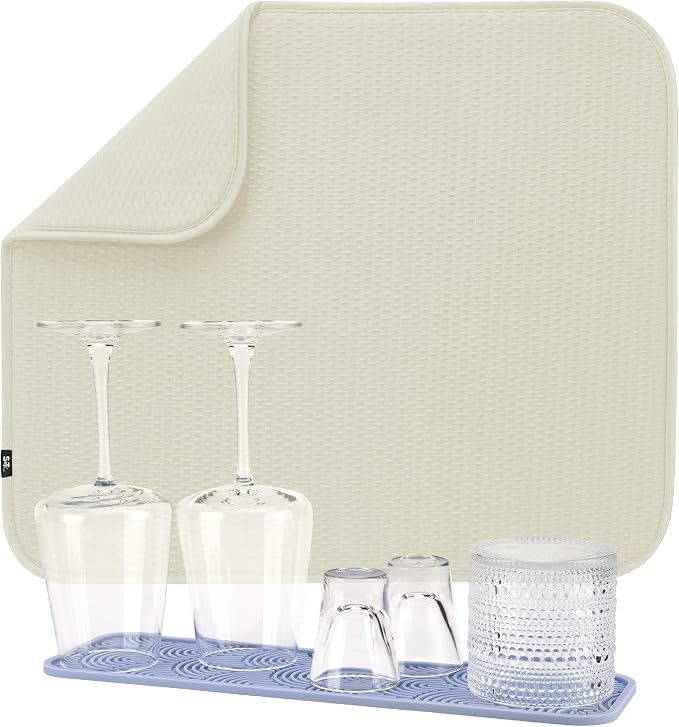S&T INC. Dish Drying Mat 16" x 18" and Food-Safe Silicone Bar Mat 15" x 4.5", Absorbent Microfiber Kitchen Counter Mat, Dish Drying Pad for Dishes, Utensils, Pots, Pans, Diamond Texture, Cream + Blue