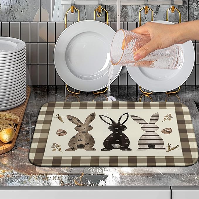Easter Dish Drying Mat for Counter Bufflao Plaids Bunny Dish Mat Cute Rabbits Eggs Carrot Absorbent Microfiber Dish Draining Mat Reusable Dishes Pad Large 16x18 In