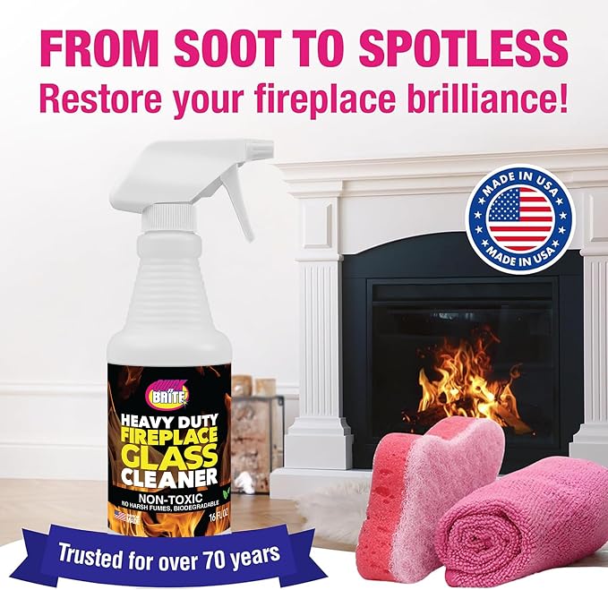 Quick N Brite Fireplace Glass Cleaner Kit with Cloth and Sponge, Removes Soot, Smoke, Creosote, and more, 16 oz, 1-Pack