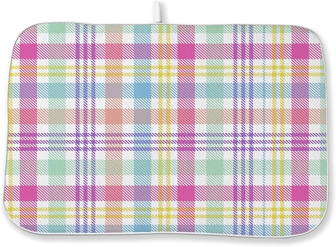 Easter Checkered Dish Drying Mat 18x24 Inch Colorful Buffalo Plaid Drying Mat Gingham Spring Holiday Absorbent Dish Drying Pad Dish Rack Drainer Mats for Kitchen Dining Counter