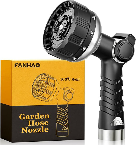 FANHAO Heavy Duty Garden Hose Nozzle, 100% Metal Water Hose Sprayer with 10 Spray Patterns, High Pressure Thumb Control On/Off Valve Water Nozzle for Plants Watering, Car & Pet Washing