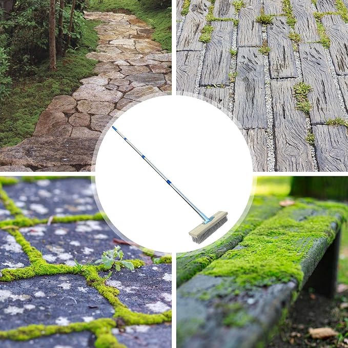 Concrete Brush Heavy Duty Scrubbing Tool, Weeds Moss Algae Stain Remover | Deck Scrub Brush Long Handle Outside Moss Remover Outdoor Scrubbing Tool Garage Cleaner for Patio Deck Garden Shower Wall