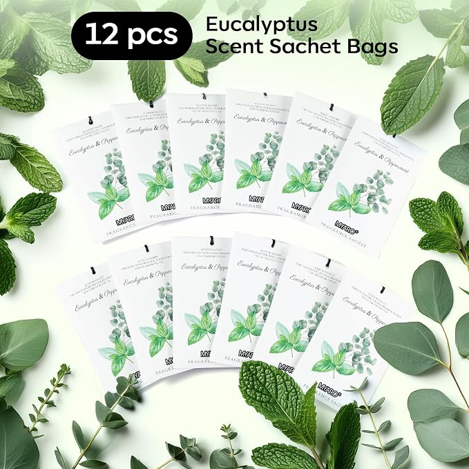 MYARO 12 Packs Eucalyptus Mint Scented Sachets for Drawer and Closet, Long-Lasting Closet Sachet Bags Drawer Deodorizers Fresh Scents, Home Fragrance Air Freshener