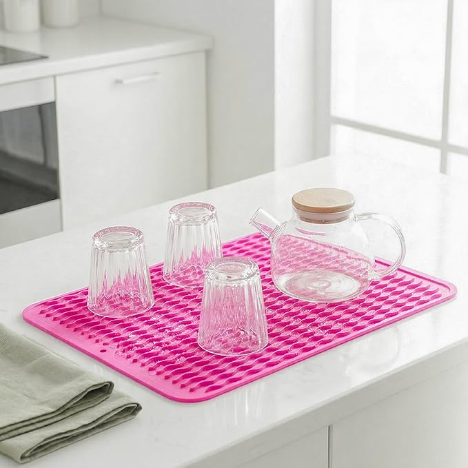 MicoYang Silicone Dish Drying Mat — Quick-Dry Ridges Counter & Sink Pad, Heat-Resistant Trivet to 450°F, Non-Slip & Dishwasher Safe, Roll-Up Storage, 18 Colors & 9 Sizes (Rose, 16"×12")