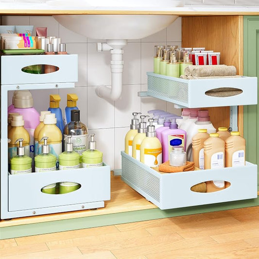 Under Sink Organizer, 2-Pack Pull Out Cabinet Organizer 2 Tier Metal Slide Out Storage Shelf Rack, L-Shaped Adjustable Height,Mesh Sliding Drawer for Kitchen, Bathroom, Laundry, Pantry, Blue, XL