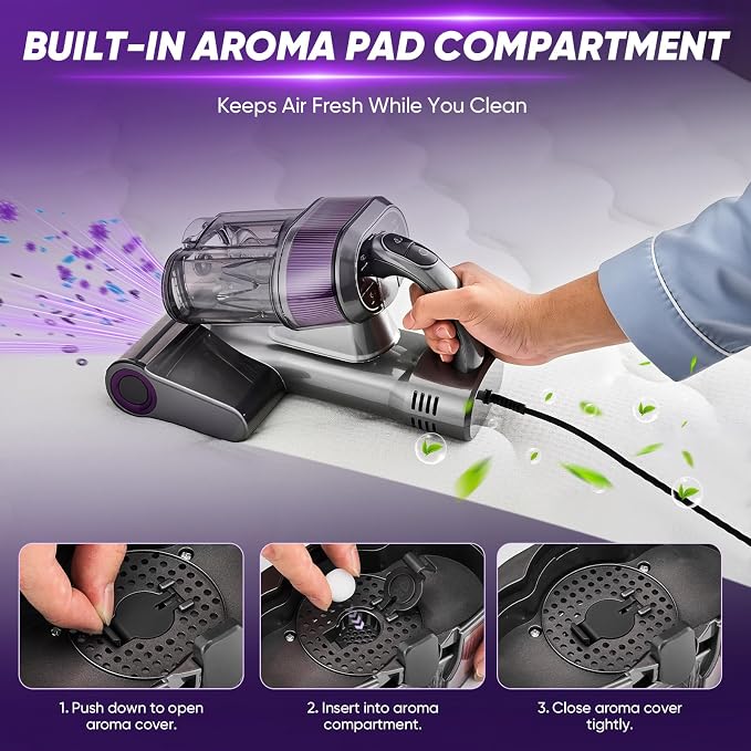 Saker Mattress Vacuum Cleaner, Handheld Bed Vacuum Cleaner with 16KPa Suction UVC Light, 140°F Heated Air, HEPA Filter, Aroma Function, 16.4FT Cord for Cleaning Bed, Sofa, and Couch