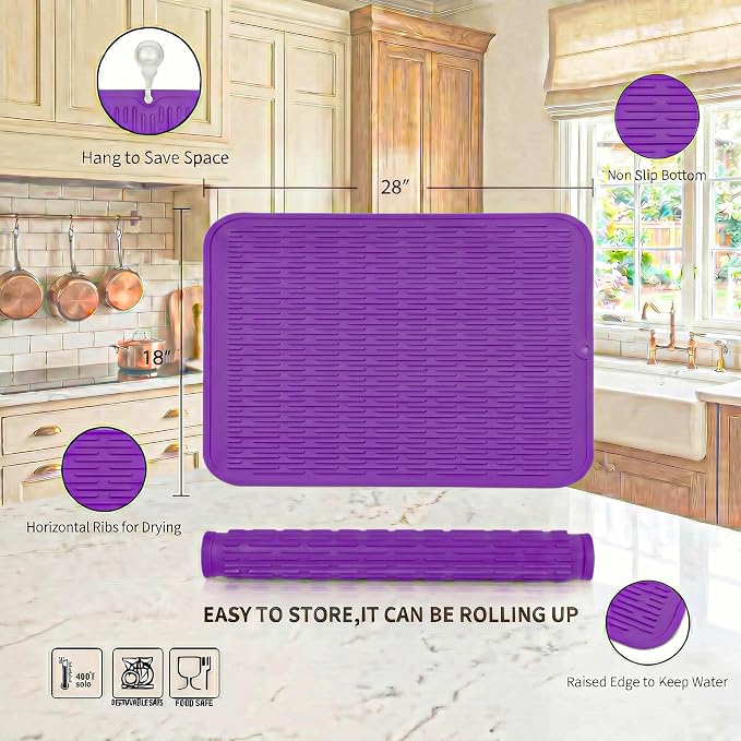 MicoYang Silicone Dish Drying Mat for Multiple Usage,Easy clean,Eco-friendly,Heat-resistant Silicone Mat for Kitchen Counter or Sink,Refrigerator or Drawer Liner Purple 3XL 28 inches x 18 inches