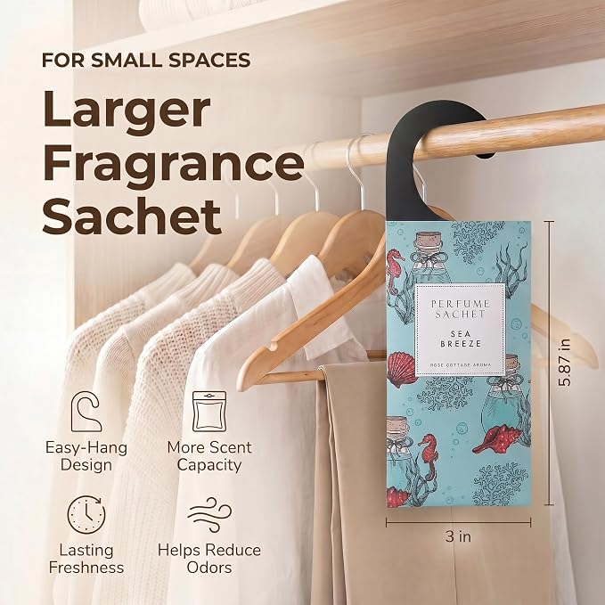 Large 12 Packs Sea Breeze Hanging Scented Sachets Long-Lasting Closet Deodorizer Air Freshener Fabric Refresher Odor Eliminator for Drawer Home Fragrance Gift Set
