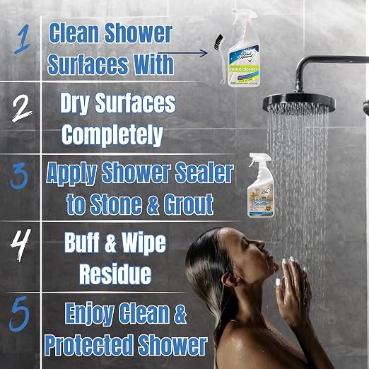 Natural Stone Shower Sealer Quart + Ultimate Grout Cleaner with Brush Quart (2-Pack) – Seals & Protects Showers, Deep Cleans Tile & Grout