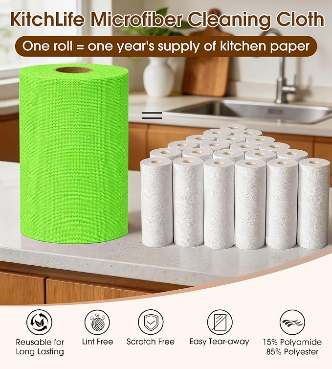 KitchLife Microfiber Cleaning Cloth Roll, 100 Pack - Tear-Away Microfiber Paper Towels, Lint-Free, Reusable, Washable for Kitchen, Car, Dishes, and Sensitive Surfaces (Neon Green)
