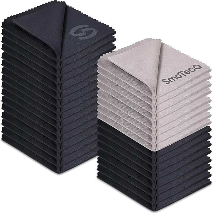 SmoTecQ 32 Pack Microfiber Cleaning Cloths for Glasses (Individually Wrapped) - Premium Optical Lens Cleaner for Screens, iPhone, iPad, Camera & Eyeglasses - Washable & Lint Free (Black & Grey)