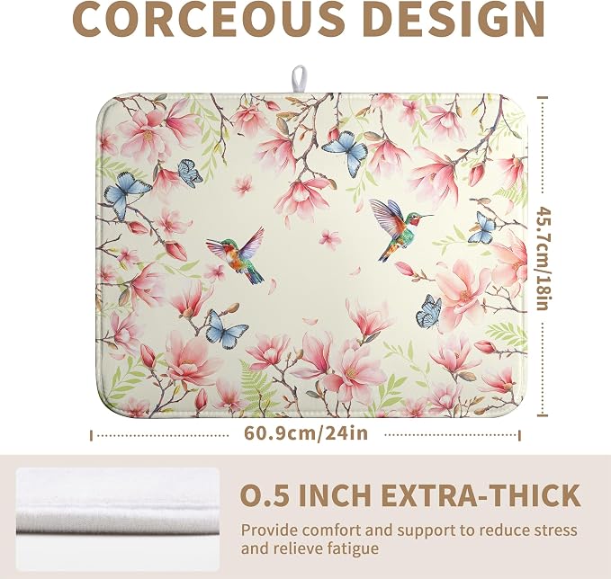 Spring Flowers Floral Dish Drying Mats Spring Summer Hummingbird Dish Mat Drying Matt Butterfly Dishes Dryer Pad for Kitchen Counter Absorbent Microfiber Washable Foldable Reusable 18x24 in