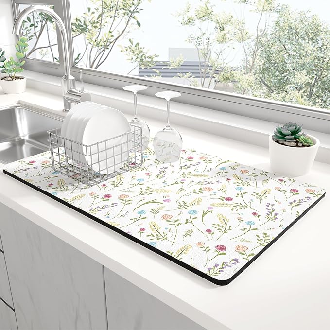 Rnivvi Dish Drying Mat for Kitchen Counter, 12 x 19" Cute Flower Theme Super Absorbent Draining Pad, Non-Slip Heat Resistant Coffee Bar Mat for Coffee Machine Station Accessories, White Dish Rack Pad