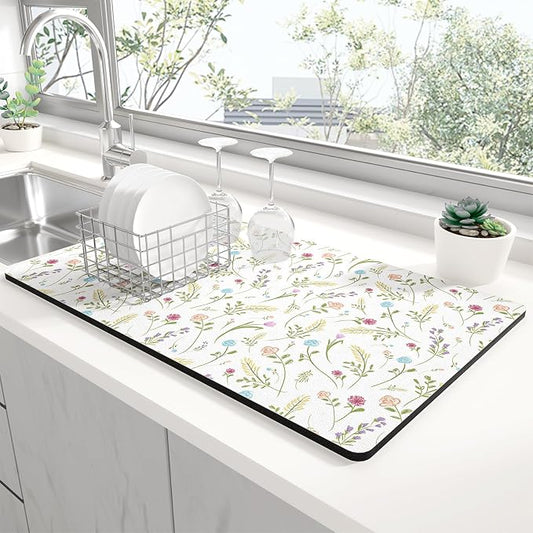Rnivvi Dish Drying Mat for Kitchen Counter, 12 x 19" Cute Flower Theme Super Absorbent Draining Pad, Non-Slip Heat Resistant Coffee Bar Mat for Coffee Machine Station Accessories, White Dish Rack Pad