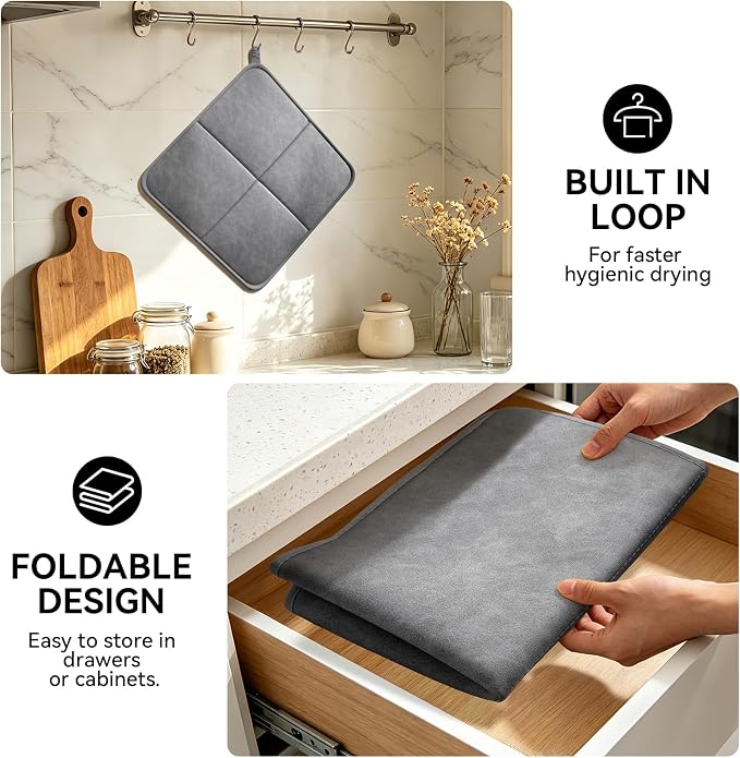 YDKGL 2 Pack PU Leather Dish Drying Mat for Kitchen Counter, Ultra Absorbent & Fast Drying Dish Mat Machine Washable Foldable Drying Pad for Countertops, Sinks, Draining Racks