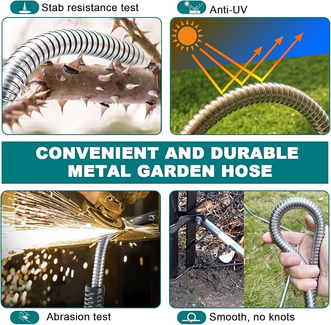 25FT Metal Garden Hose - Stainless Steel, Heavy Duty, Flexible & Lightweight, Never Kink and Tangle, with 10-Function Nozzle, Pressure Resistant for Outdoor Use (Grey)
