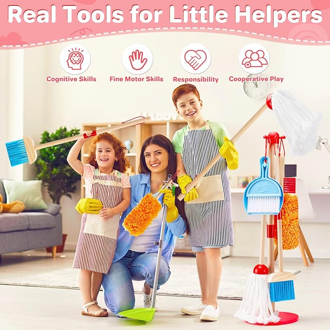 WHOHOLL Wooden Kids Cleaning Toy Set Toddler Broom and Dustpan Set for Housekeeping 9 Pcs Broom and Mop Set for Toddlers 3-6, Cleaning Toys with Sponge, Christmas Birthday Gifts for Boys Girls