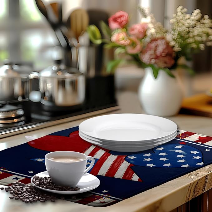 4th of July Star Dish Drying Mats Patriotic Hearts Dish Mat Blue Red Firework Drying Matt Dishes Dryer Pad for Kitchen Counter Absorbent Microfiber Washable Foldable Reusable 18x24 in