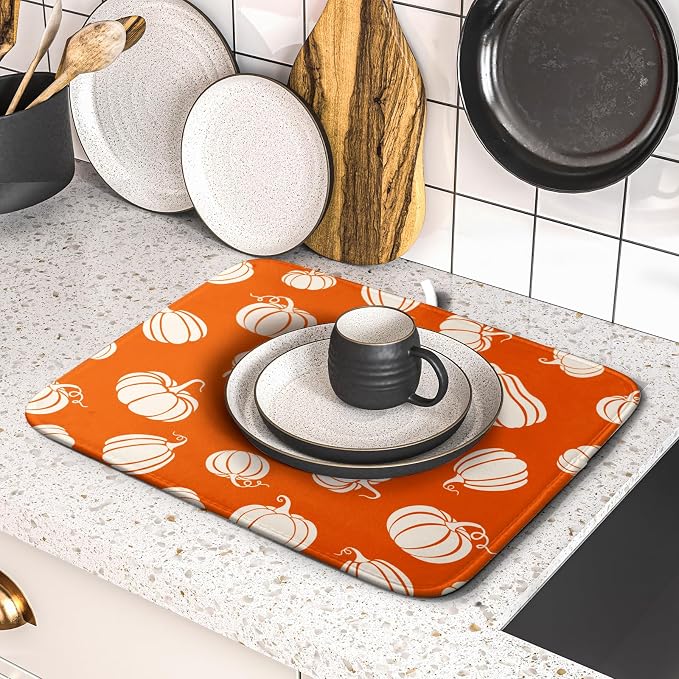 Fall Dish Drying Mat for Kitchen Counter Autumn White Pumpkins Festival Microfiber Absorbent Dish Draining Reusable Washable Foldable 16"x18"