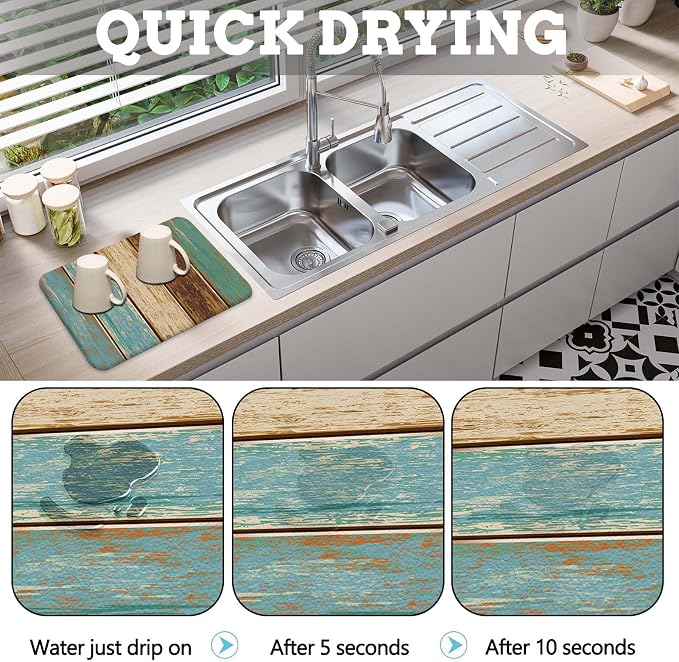 MCALK Teal Dish Drying Mat for Kitchen Counter, Wood Pattern Dish Drying Pad with Anti-Slip Rubber Base, Absorbent Kitchen Sink Mat with Farmhouse Art Decor (1 pc 18" x 16")