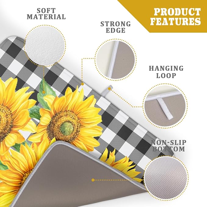 Sunflower Dish Drying Mat for Kitchen Counter Black White Buffalo Plaid Microfiber Absorbent Dish Draining Reusable Washable Foldable Extra Large 18"x24"